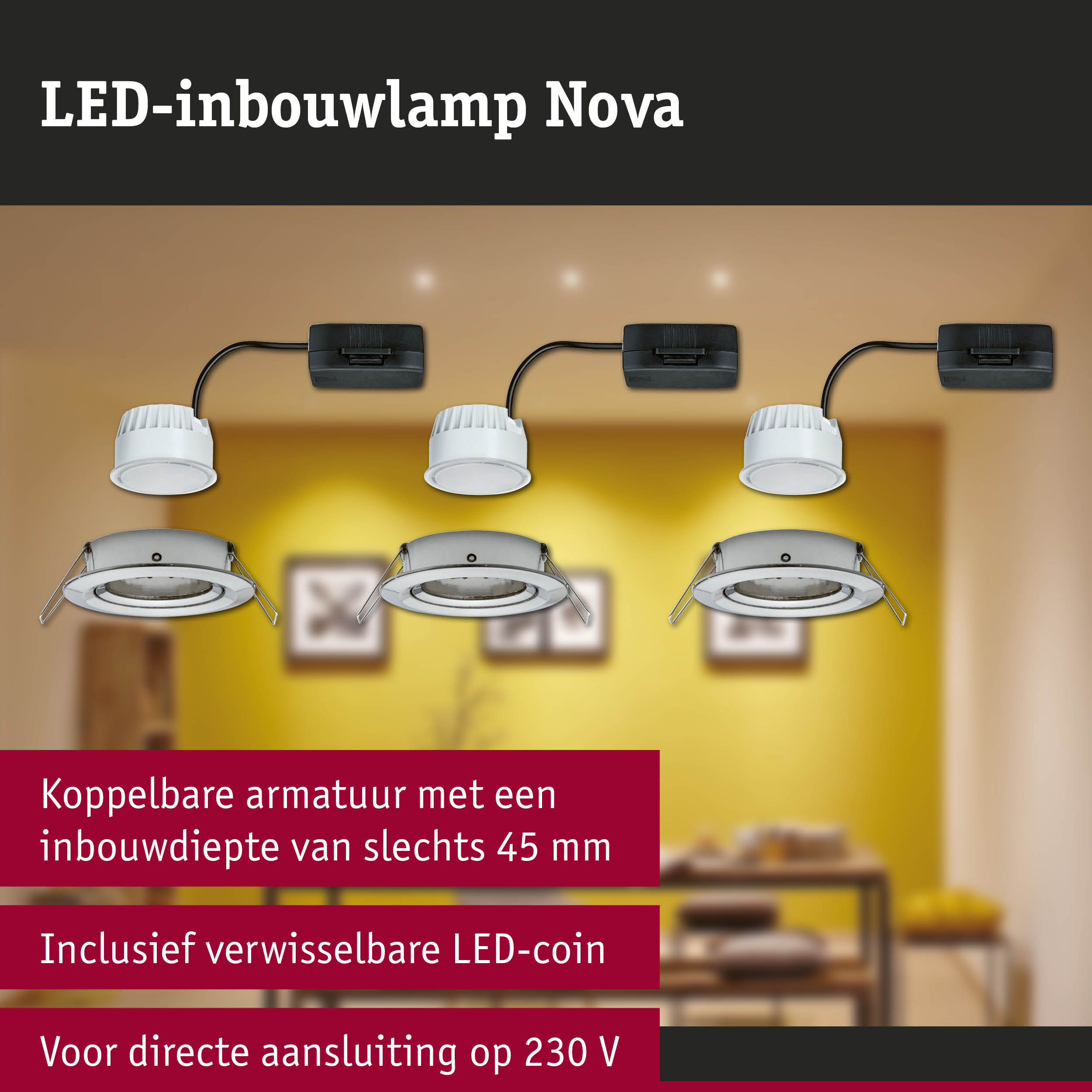 Witte LED-inbouwlamp Nova met zwarte kabel, energiezuinige LED-verlichting voor binnen