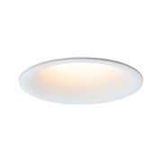 Round white plastic ceiling light with warm white illumination for modern interiors