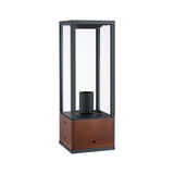 Modern lantern lamp with wooden base and black metal frame for outdoor lighting