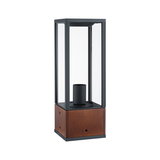 Modern lantern lamp with wooden base and black metal frame for outdoor lighting