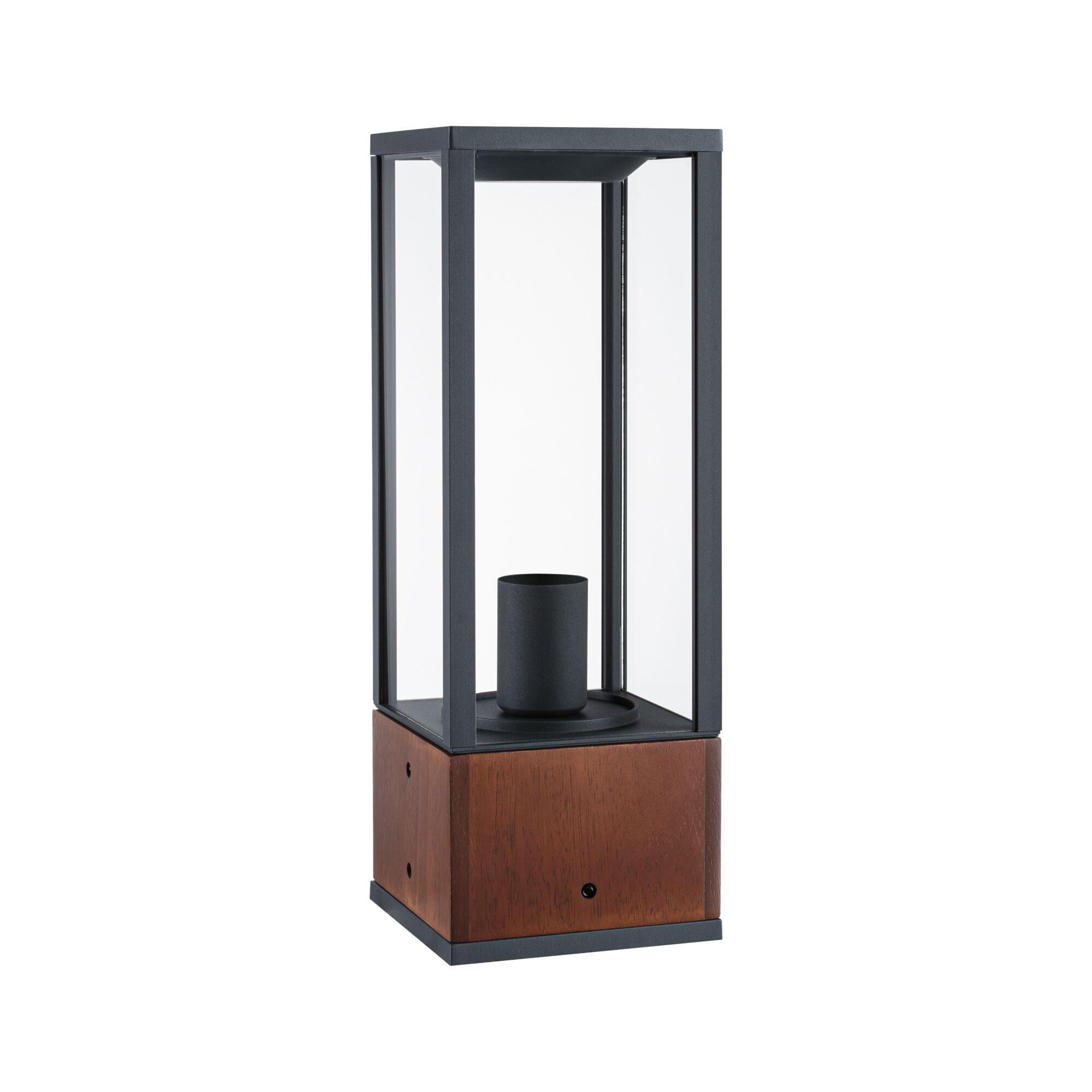Modern lantern stand made of wood and black metal with glass panels for outdoor lighting