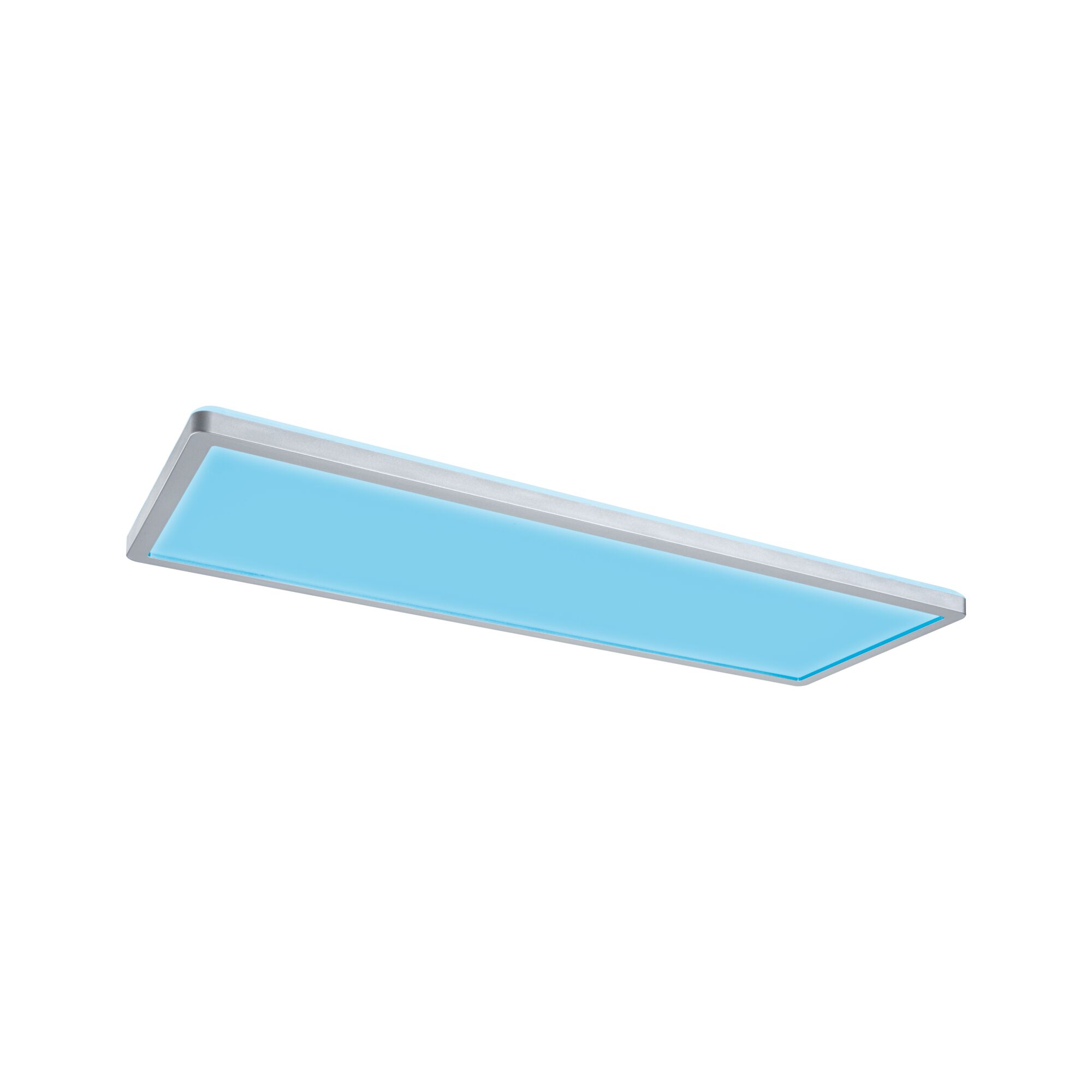 Flache LED-Deckenleuchte mit silbernem Aluminiumrahmen und blauem Licht für moderne Raumbeleuchtung