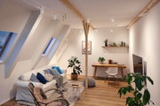 Modernes Wohnzimmer mit weißem Sofa, Holzboden und minimalistischer weißer Seil-Deckenbeleuchtung