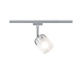 Modern LED spotlight in silver metal and glass with white shade for track lighting systems