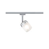 Moderne LED-spot van zilverkleurig metaal en glas met witte kap voor railsystemen