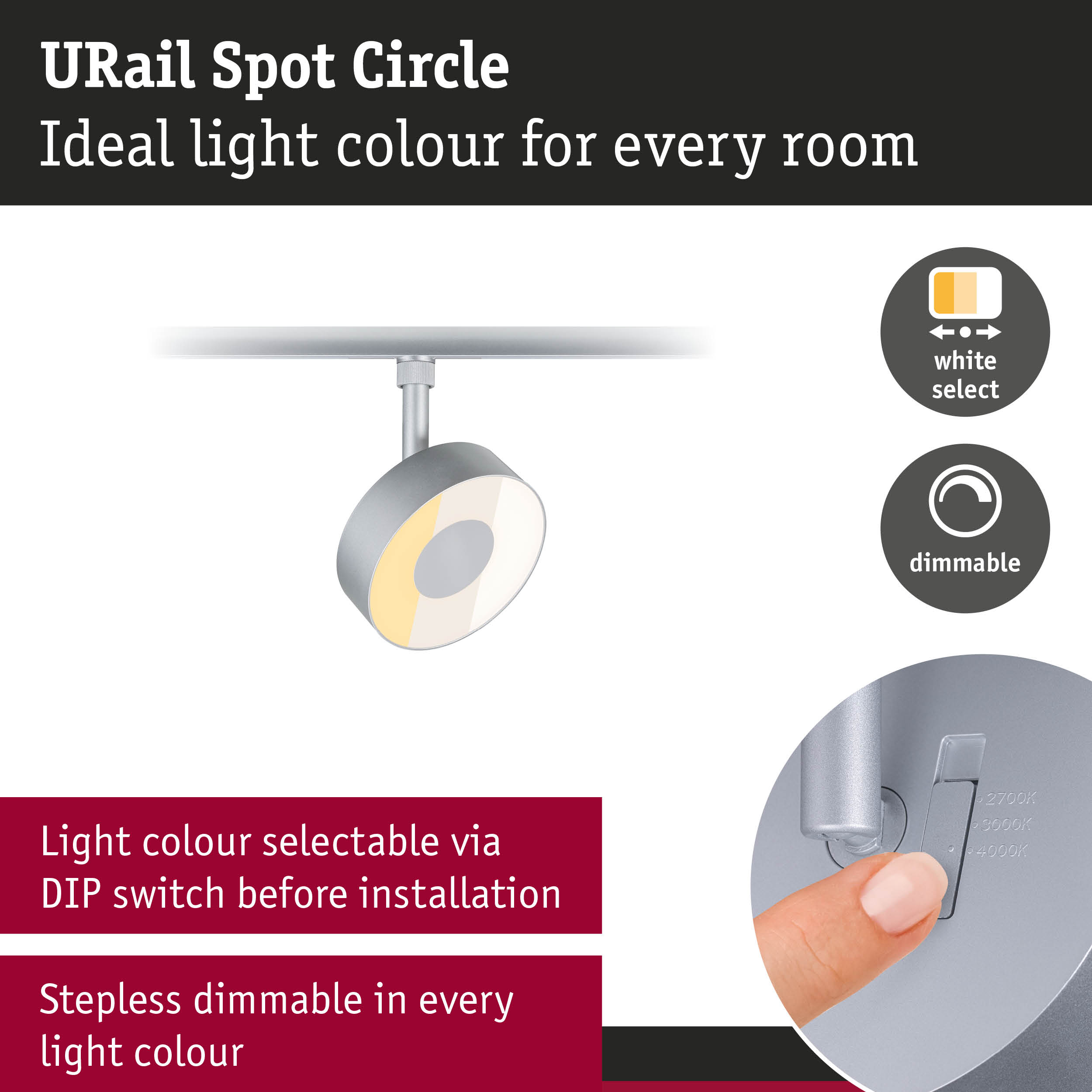 URail Spot Circle grey LED spotlight with selectable light colour and stepless dimmable feature