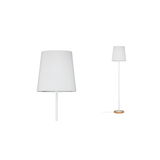 Lampadaire blanc avec abat-jour en tissu et base en bois pour un intérieur moderne