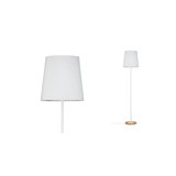 Stehende weiße Stehlampe mit Stoffschirm und Holzsockel für modernes Wohnambiente