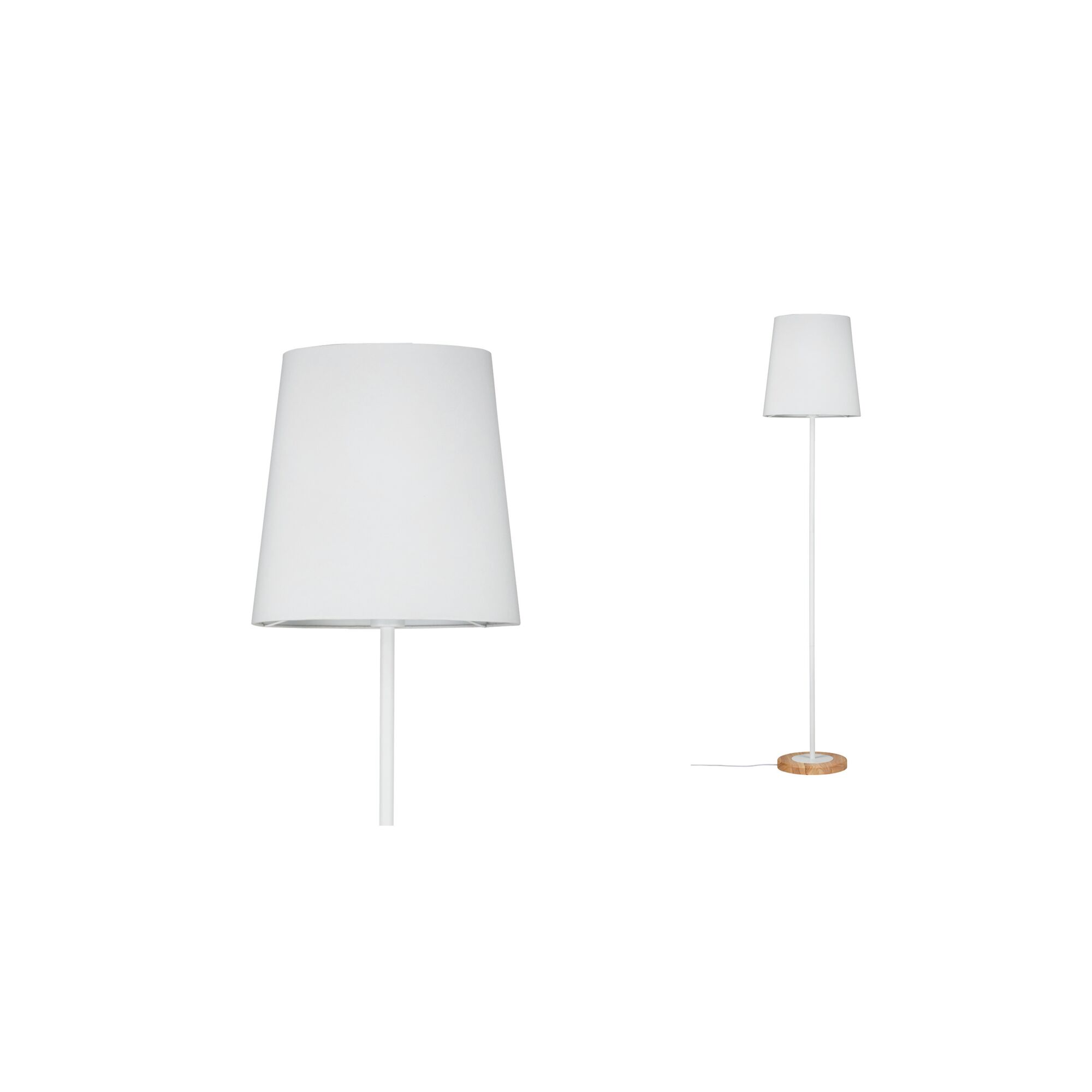Staande lamp Stellan E27 max. 20W Wit/Hout Textiel/Metaal/Hout Witte stoffen vloerlamp met houten voet en slanke standaard voor moderne woonkamverlichting