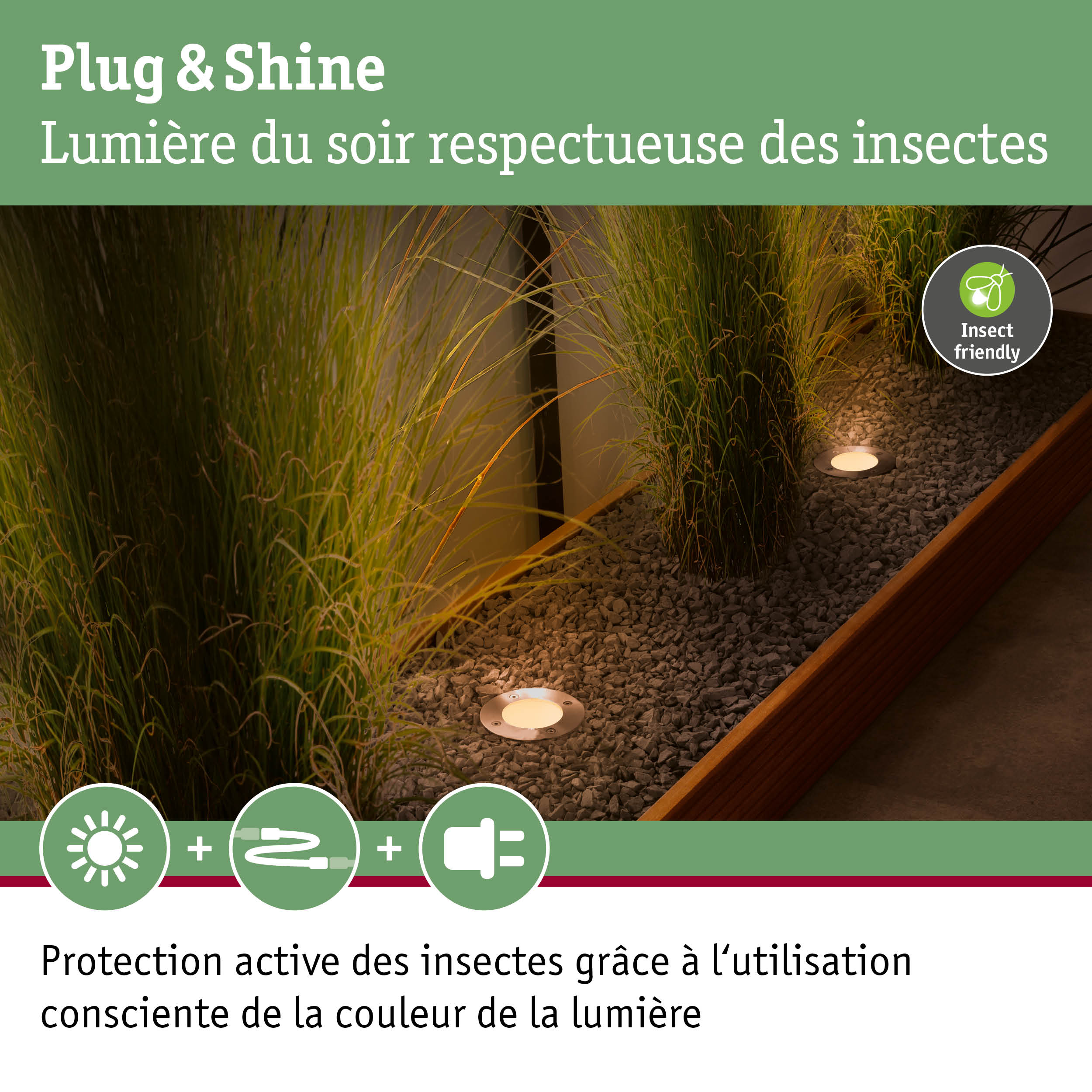 Projecteur de jardin Plug & Shine avec lumière blanche chaude et éclairage extérieur respectueux des insectes