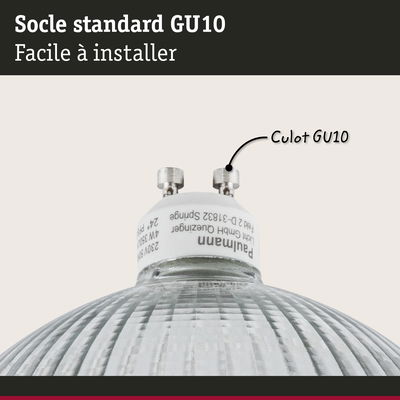 Gros plan sur un socle de lampe GU10 en verre avec bord en plastique blanc, facile à installer