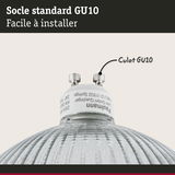 Gros plan sur un socle de lampe GU10 en verre avec bord en plastique blanc, facile à installer