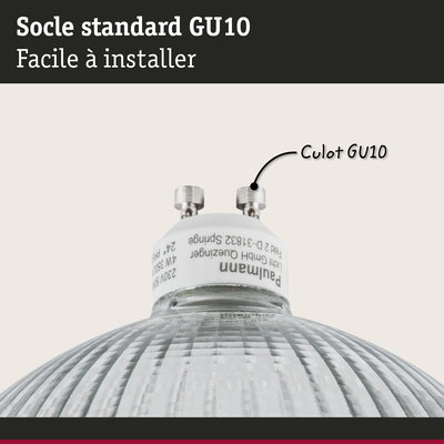 Gros plan sur un socle de lampe GU10 en verre avec bord en plastique blanc, facile à installer