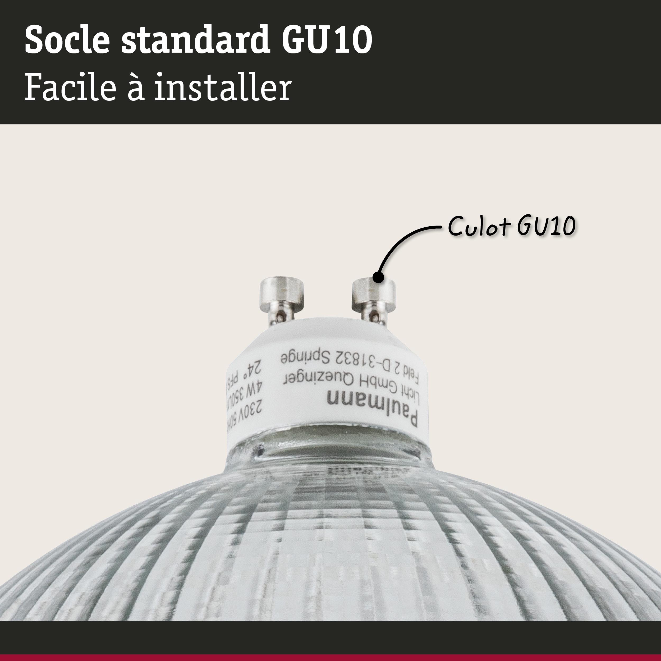 Gros plan sur un socle de lampe GU10 en verre avec bord en plastique blanc, facile à installer