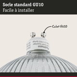 Gros plan sur un socle de lampe GU10 en verre avec bord en plastique blanc, facile à installer