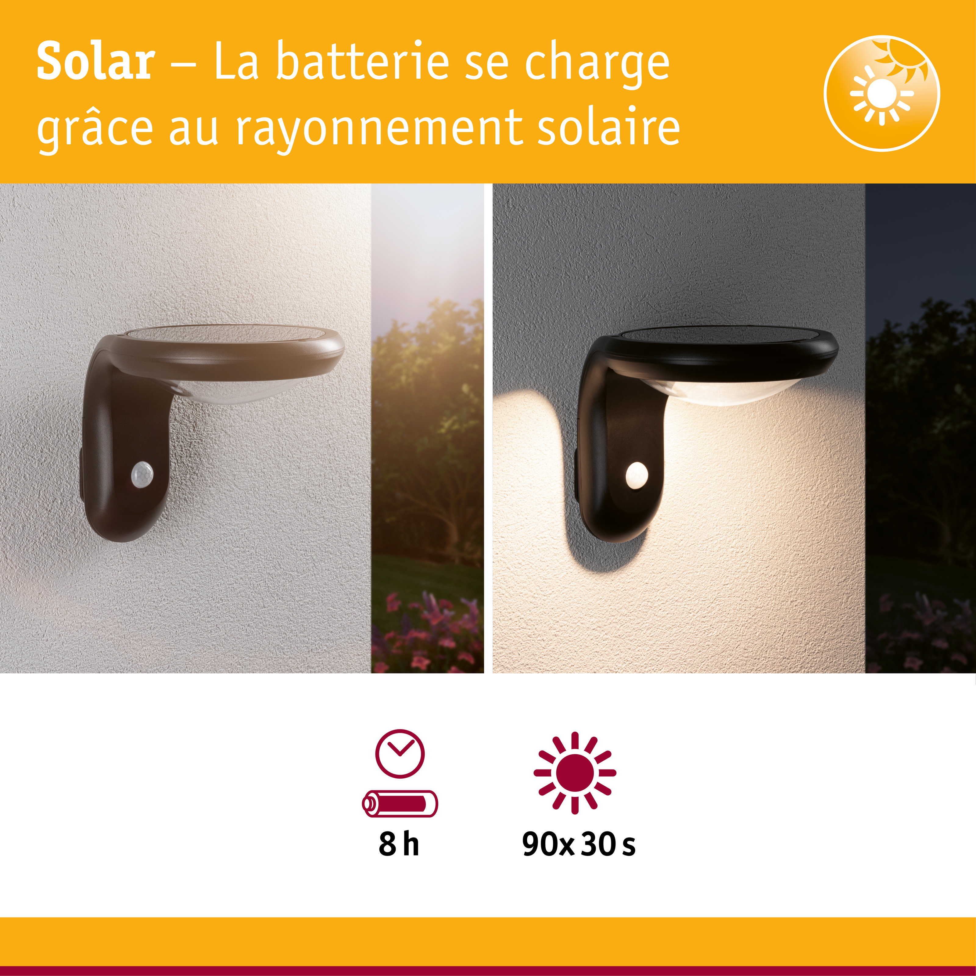 Applique murale solaire noire avec détecteur de mouvement, vue jour et nuit, éclairage extérieur économique