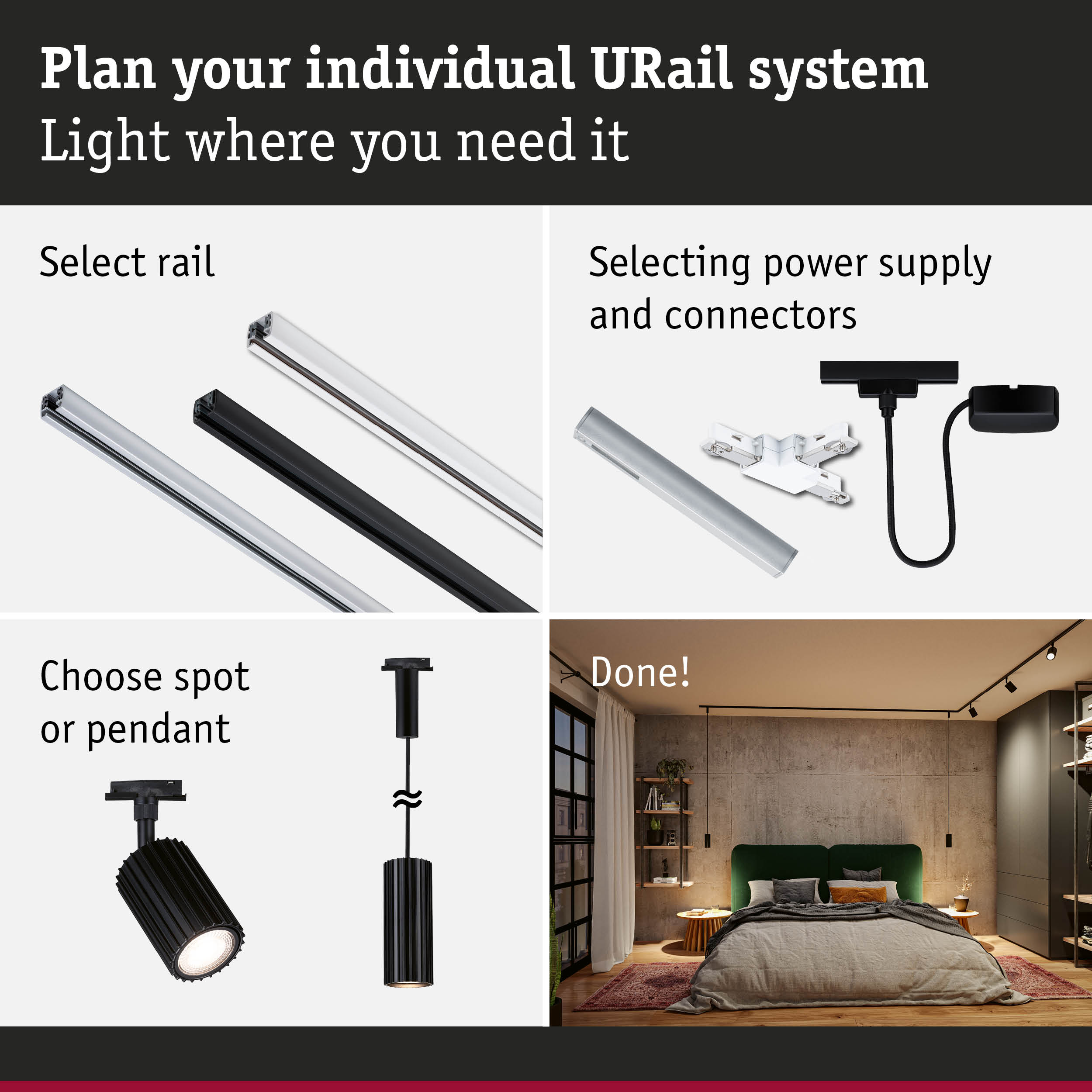 Modular URail track system with black and white aluminium rails for flexible lighting setups