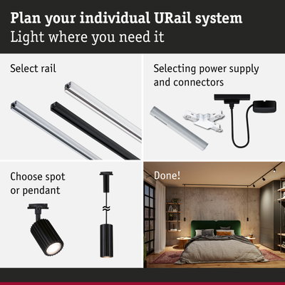 Modular URail track system with black and white aluminium rails for flexible lighting setups
