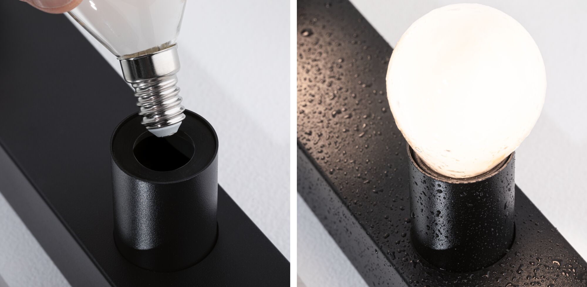 Schwarze Metall-Lampenfassung mit E14 LED-Glühbirne, feuchtigkeitsbeständig für Innen- und Außenbeleuchtung