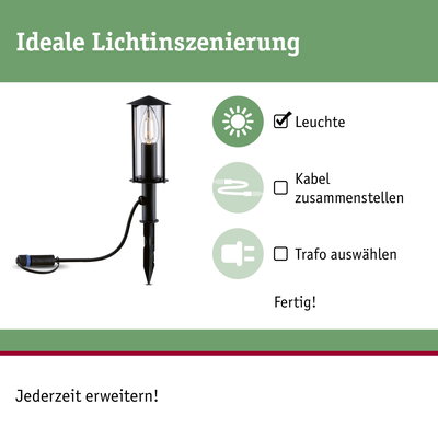 Schwarze Gartenleuchte mit Glasgehäuse und Erdspieß, einfache Installation ohne Kabel- oder Trafoauswahl