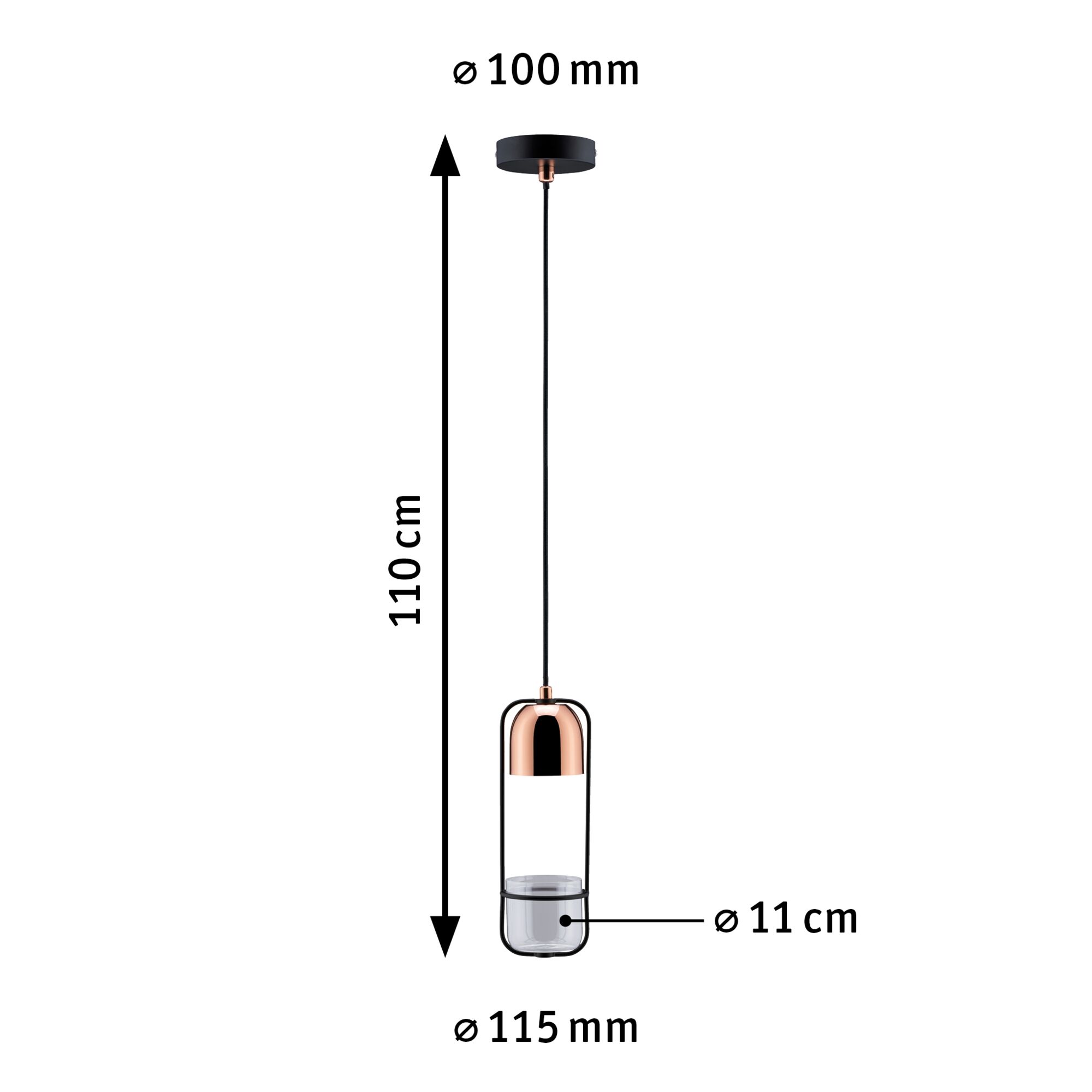 Suspension moderne en cuivre et verre avec cadre noir, hauteur 110 cm, diamètre 11 cm