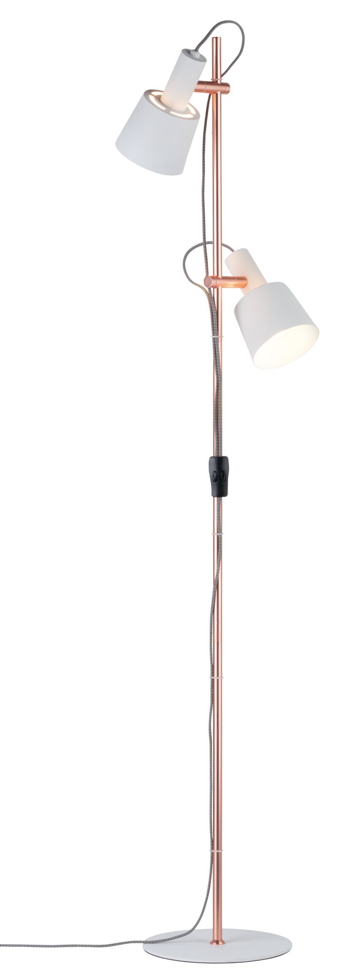 Floor lamp with two white shades and copper metal frame, ideal for modern living spaces lighting