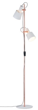 Floor lamp with two white shades and copper metal frame, ideal for modern living spaces lighting