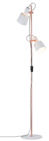 Staande lamp met twee witte kappen en koperen metalen frame voor moderne woonverlichting