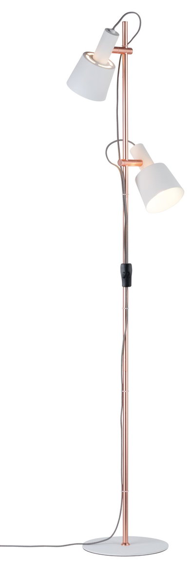 Stehende Doppelstrahler-Lampe mit weißem Schirm und kupferfarbenem Metallgestell für Wohnräume