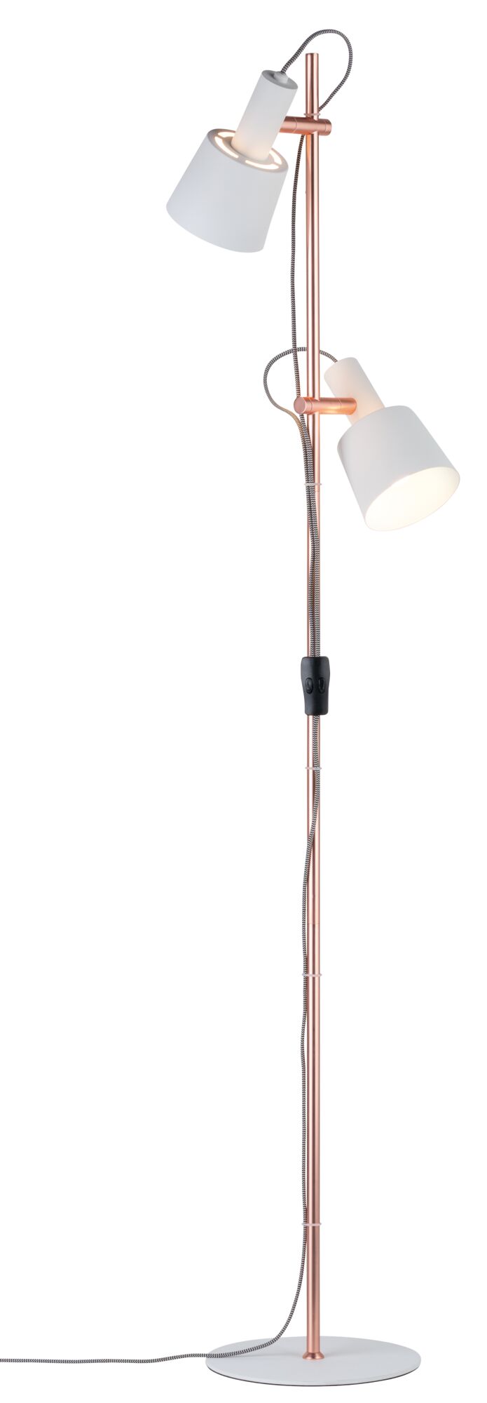 Copper floor lamp with two white shades and fabric cable, ideal for modern living room lighting
