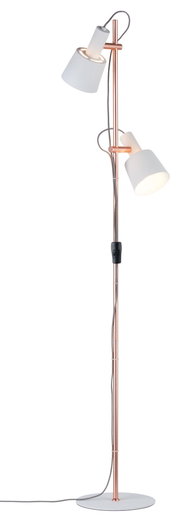 Staande koperen lamp met twee witte lampenkappen en stoffen kabel voor moderne woonkamerverlichting
