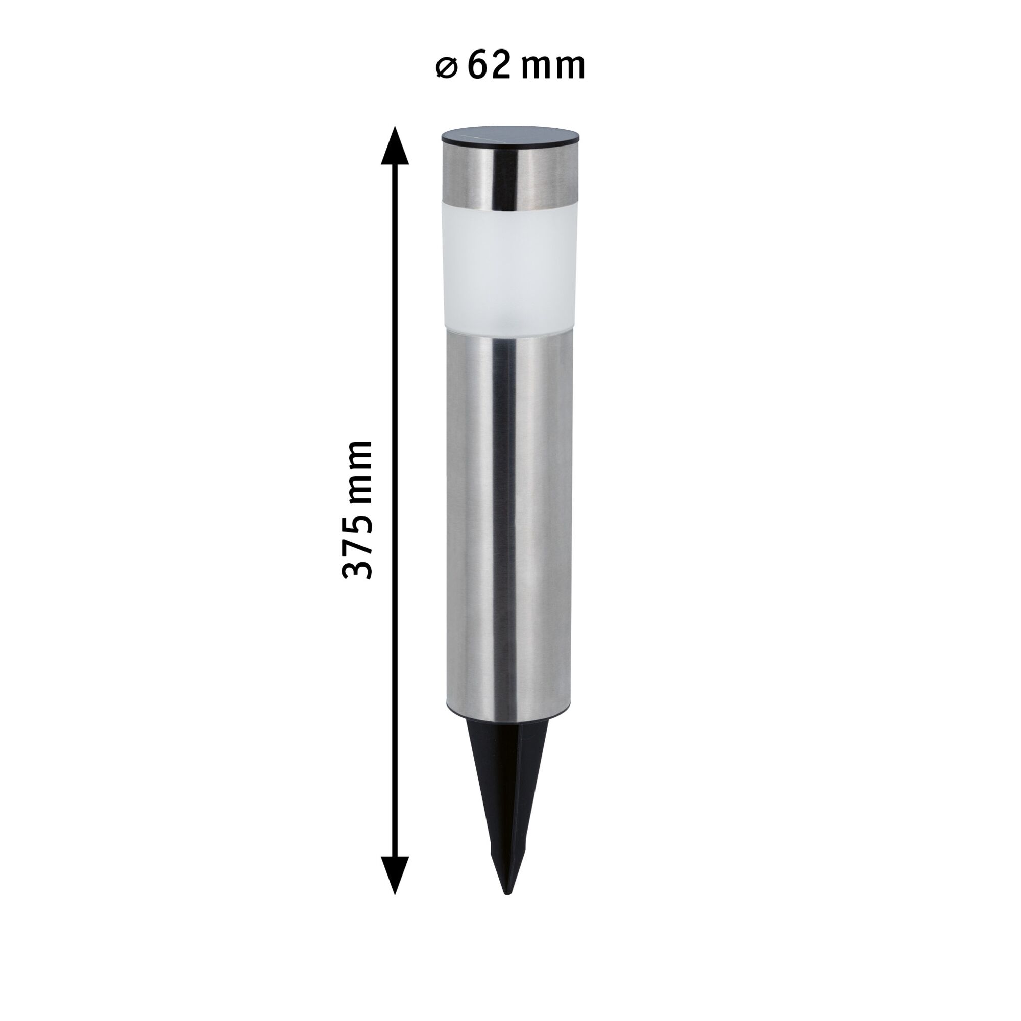 Edelstahl-Gartenleuchte mit Kunststoffspitze und milchigem Diffusor, 375 mm hoch, 62 mm Durchmesser