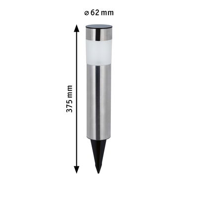 Edelstahl-Gartenleuchte mit Kunststoffspitze und milchigem Diffusor, 375 mm hoch, 62 mm Durchmesser