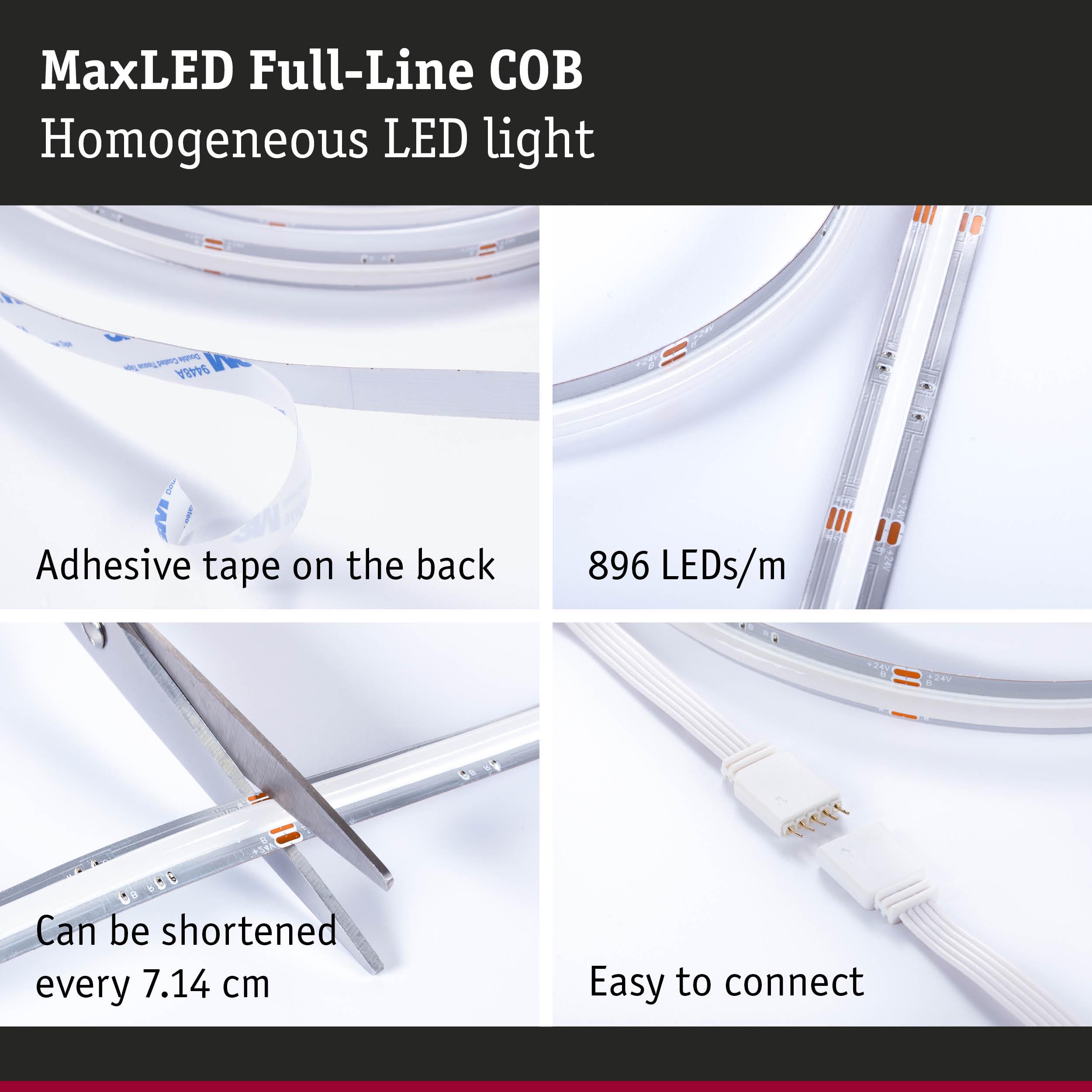 MaxLED Full-Line COB LED-strip met 896 LEDs/m, zelfklevend, om de 7,14 cm in te korten, eenvoudig te verbinden
