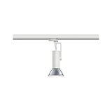 Modern white metal LED spotlight with silver reflector lens for track lighting systems