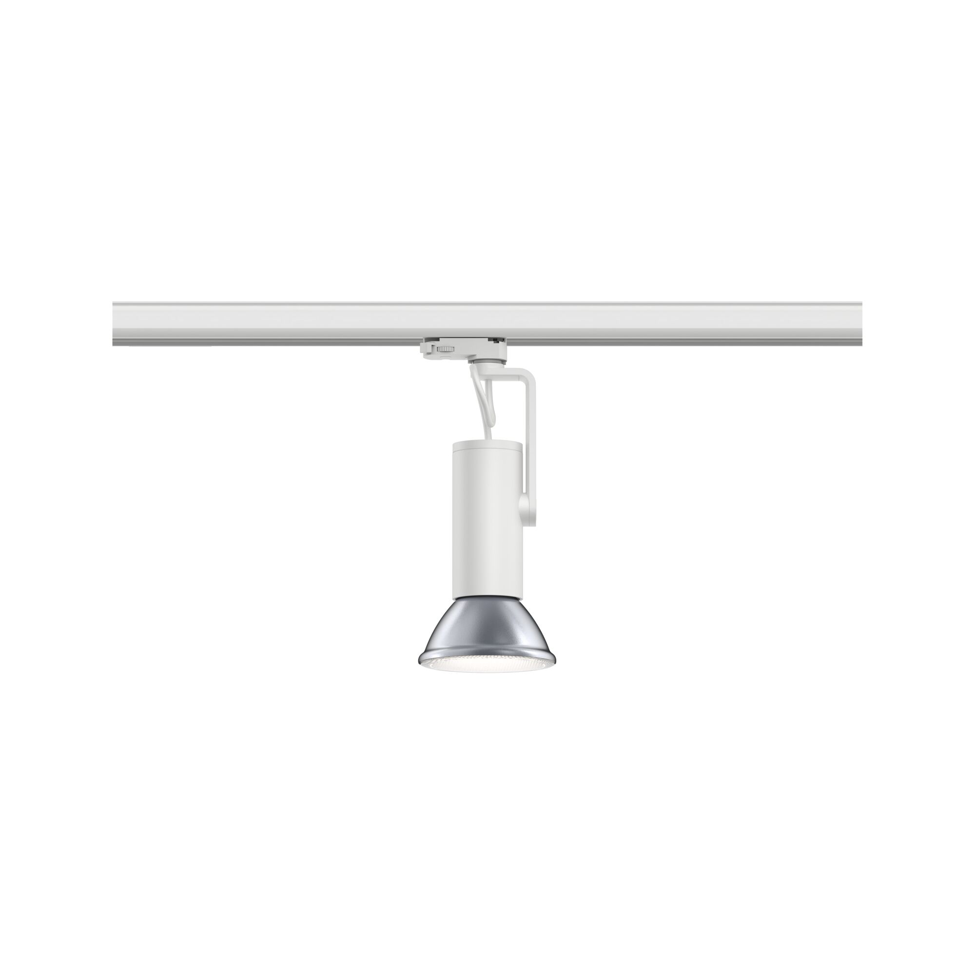 Moderner weißer LED-Strahler aus Metall mit silberner Reflektorlinse für Schienensysteme