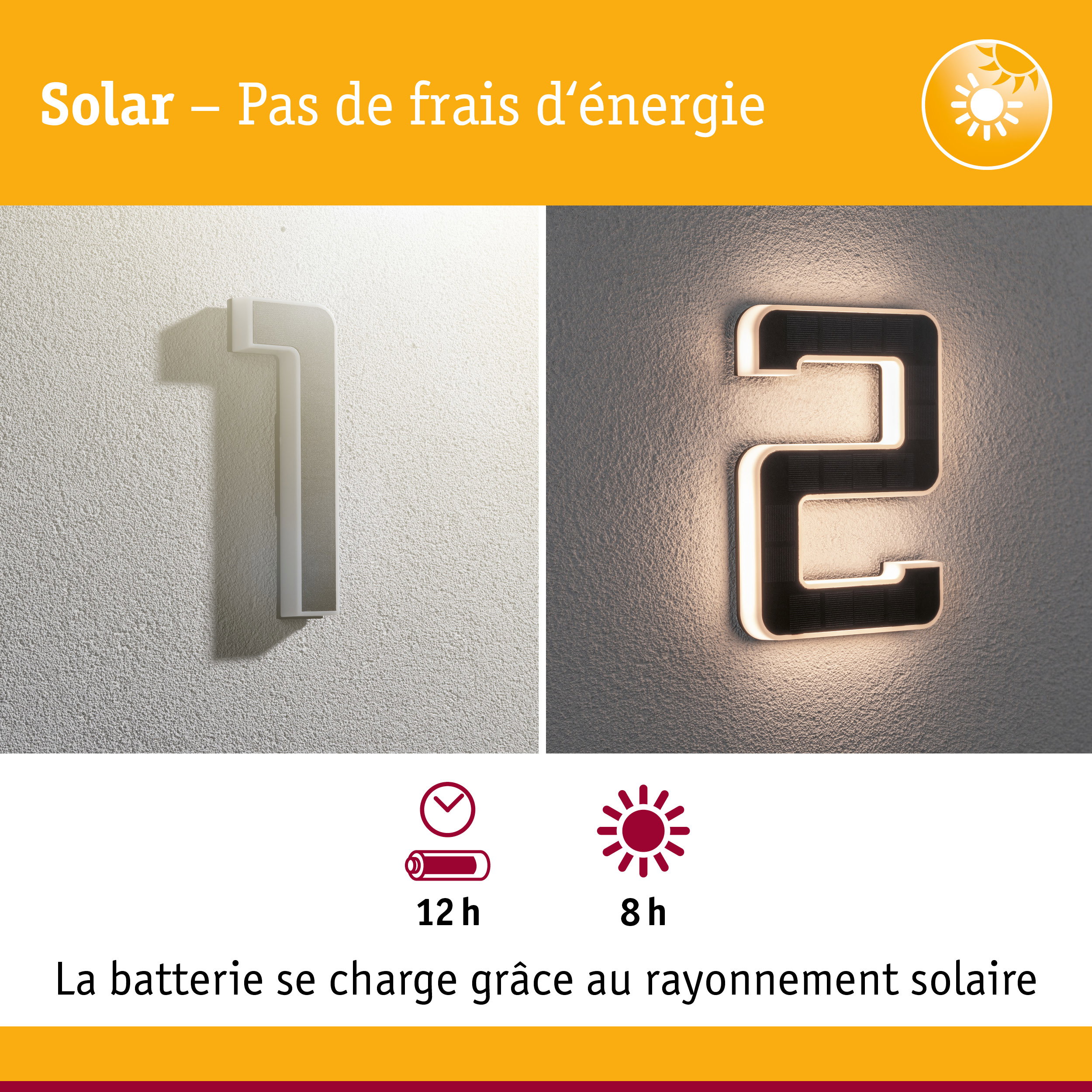Numéros de maison solaires en blanc et noir fixés au mur, éclairage LED économique en énergie