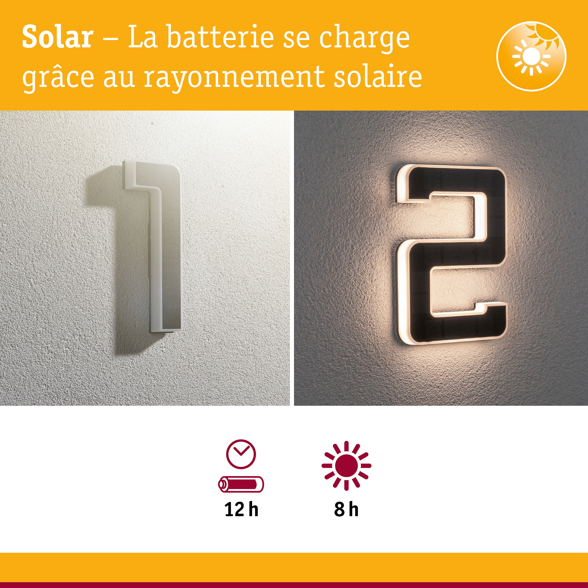 Numéros de maison solaires en blanc et noir fixés au mur, éclairage LED économique en énergie