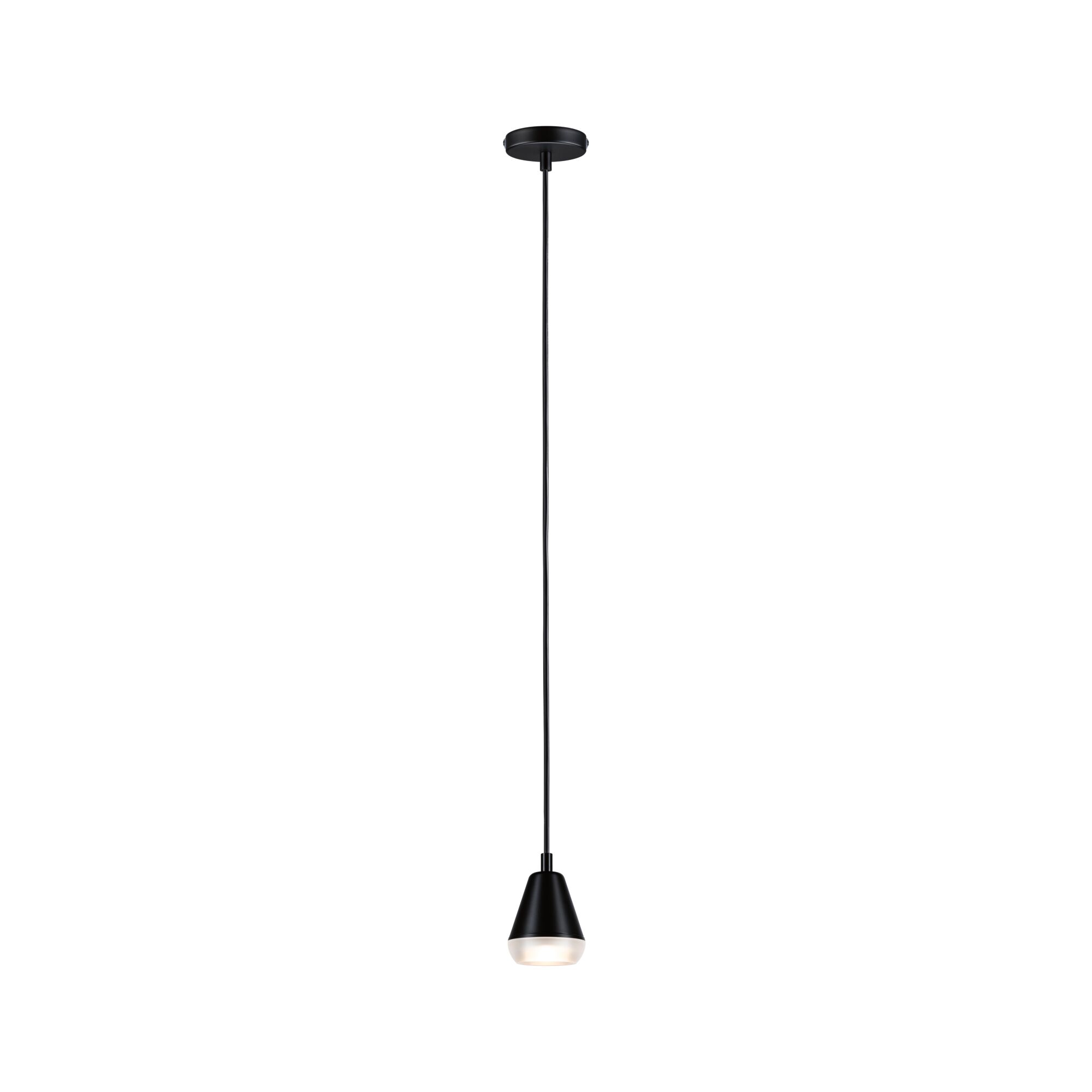 Schwarze Pendelleuchte aus Metall mit konischem Design und diffuser Lichtquelle für moderne Innenräume