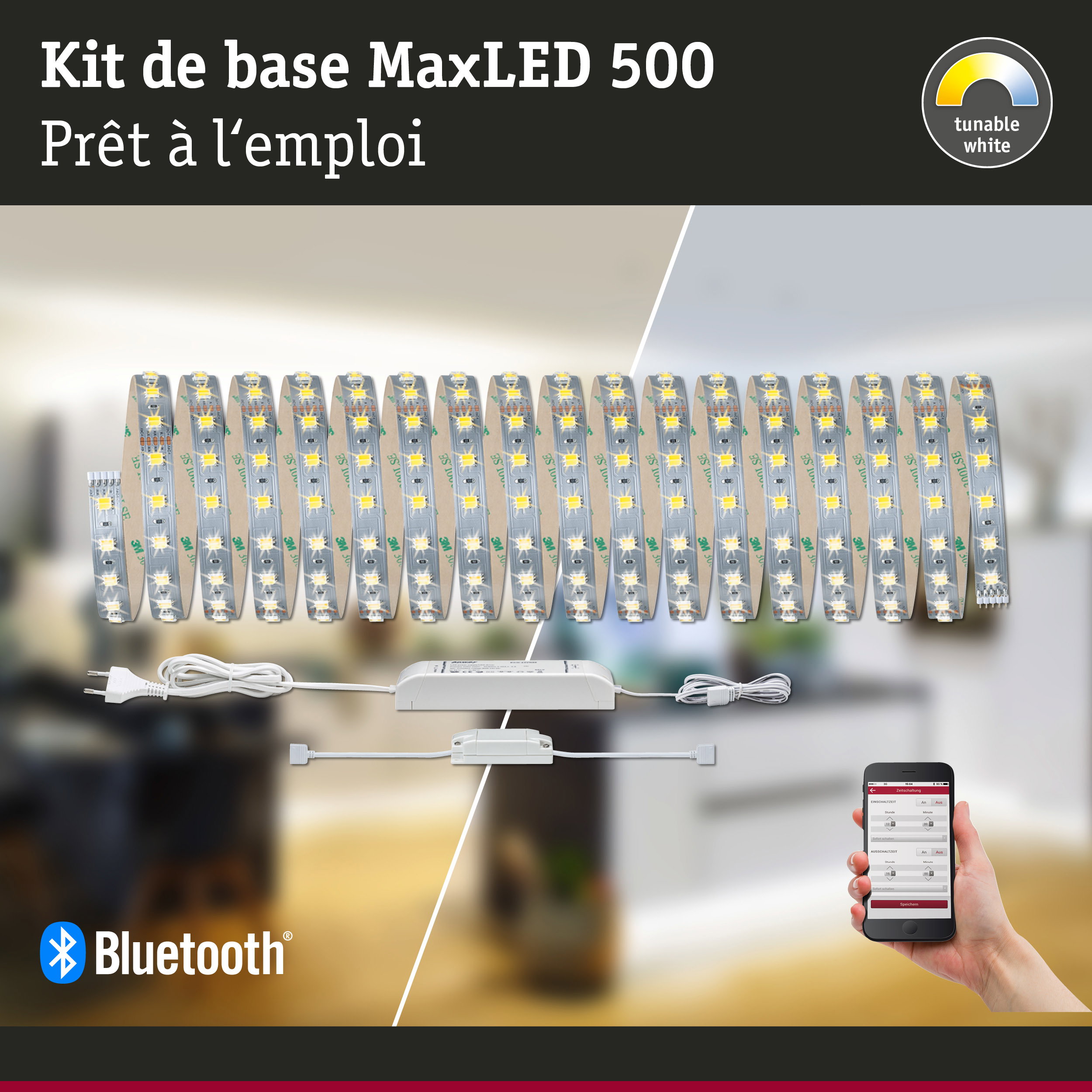 Kit bande LED MaxLED 500 lumière blanche réglable, contrôle Bluetooth et alimentation pour éclairage intelligent