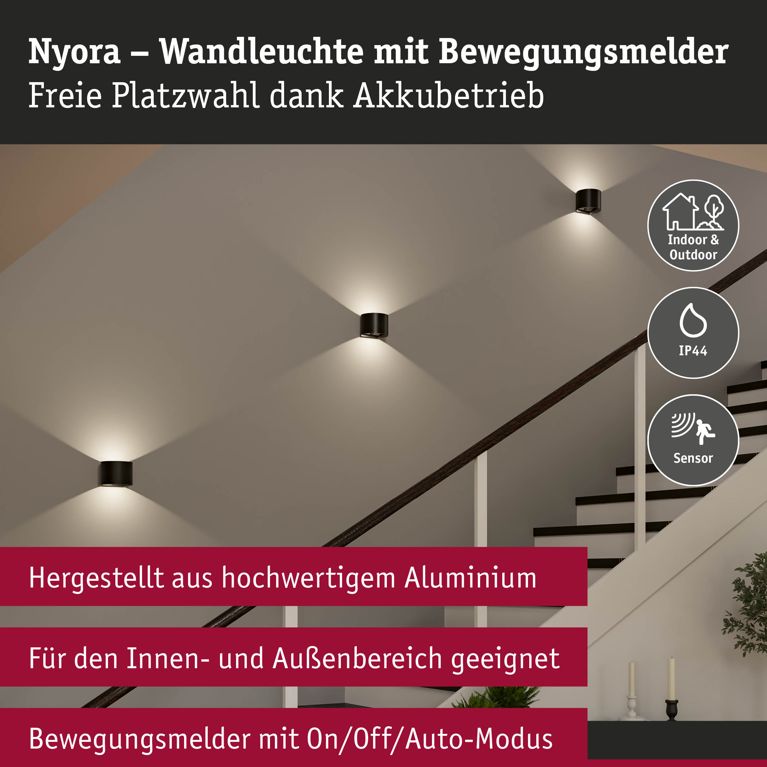 Nyora Wandleuchte aus Aluminium in Schwarz mit Bewegungsmelder für Innen- und Außenbereiche