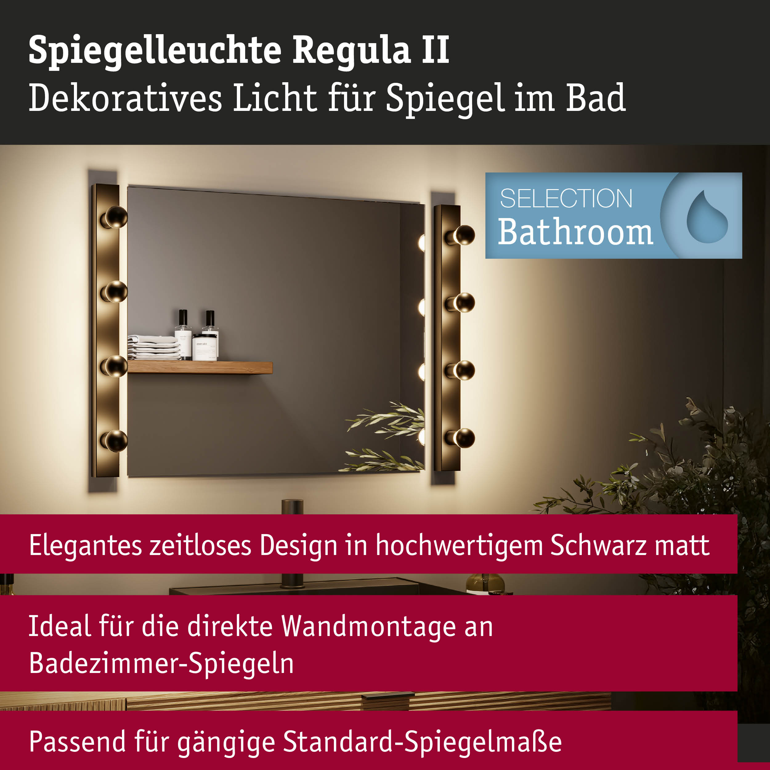 Set Spiegelleuchte Regula II inkl. Leuchtmittel 4-flammig IP44 E14 2700K 4x470lm 230V 4x4,5W dimmbar Schwarz/Kopfspiegel Schwarz matt