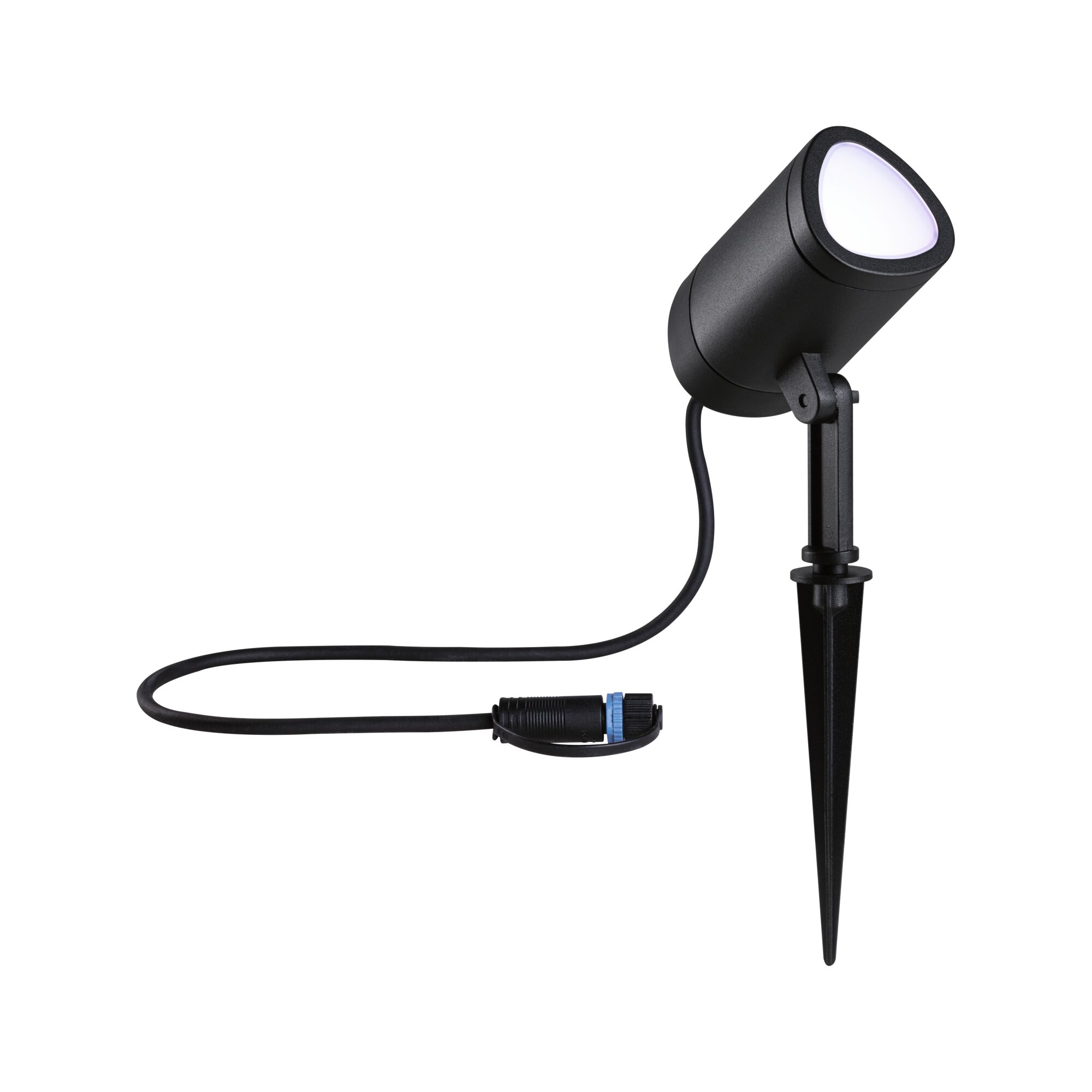 Black LED garden spotlight with ground spike and cable connector for outdoor lighting and garden light