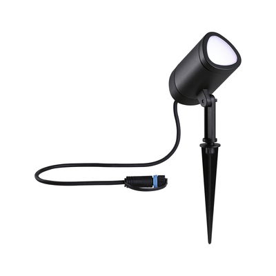 Black LED garden spotlight with ground spike and cable connector for outdoor lighting and garden light
