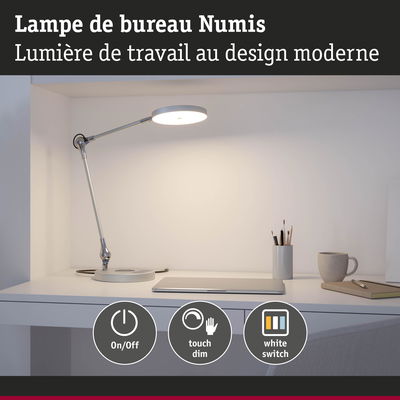 Lampe de bureau LED blanche moderne Numis avec variateur tactile et interrupteur marche/arrêt