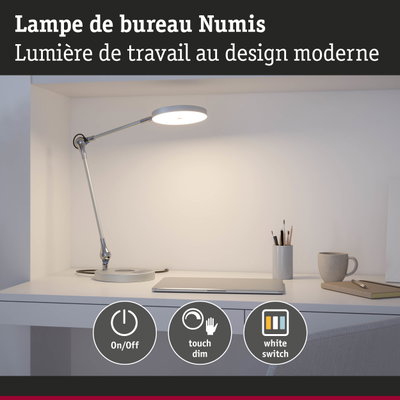 Lampe de bureau LED blanche moderne Numis avec variateur tactile et interrupteur marche/arrêt pour bureau