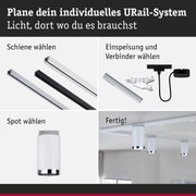 Modulares URail-Schienensystem mit weißen und schwarzen Schienen, Steckern und weißen Spots für flexible LED-Beleuchtung