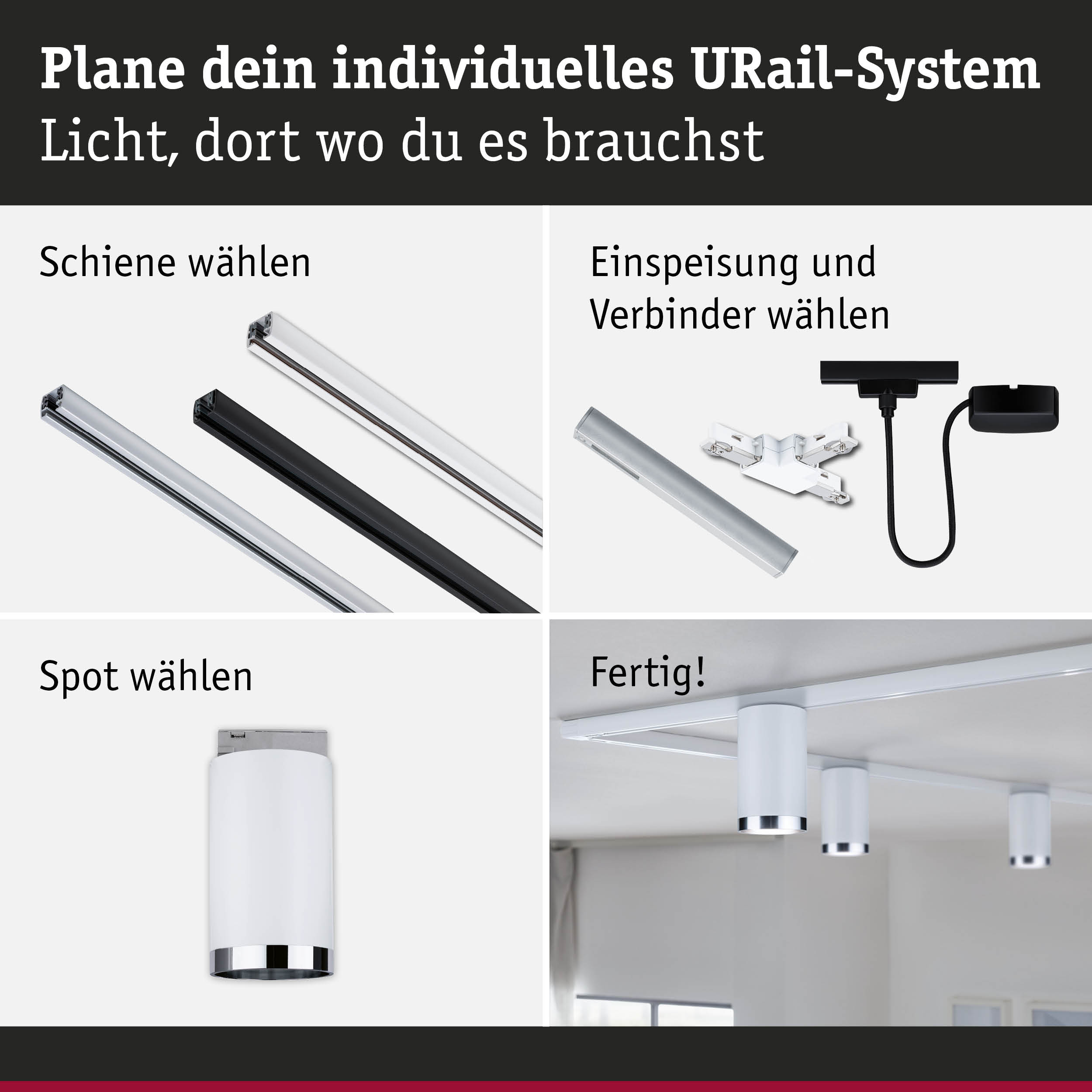 Modulares URail-Schienensystem mit weißen und schwarzen Schienen, Steckern und weißen Spots für flexible LED-Beleuchtung