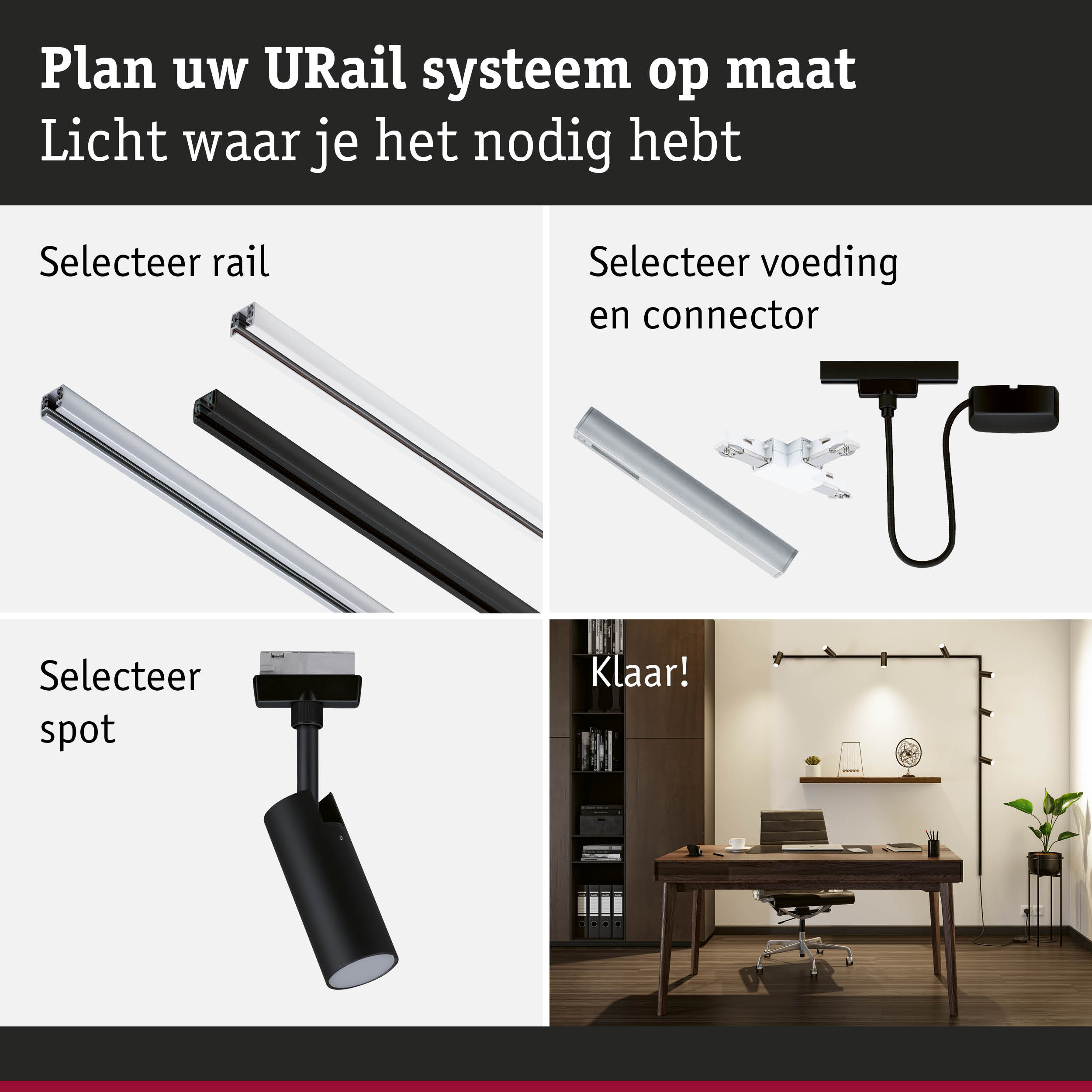 Modulair URail railsysteem met zwarte en witte rails, connectoren en spots voor flexibele verlichting