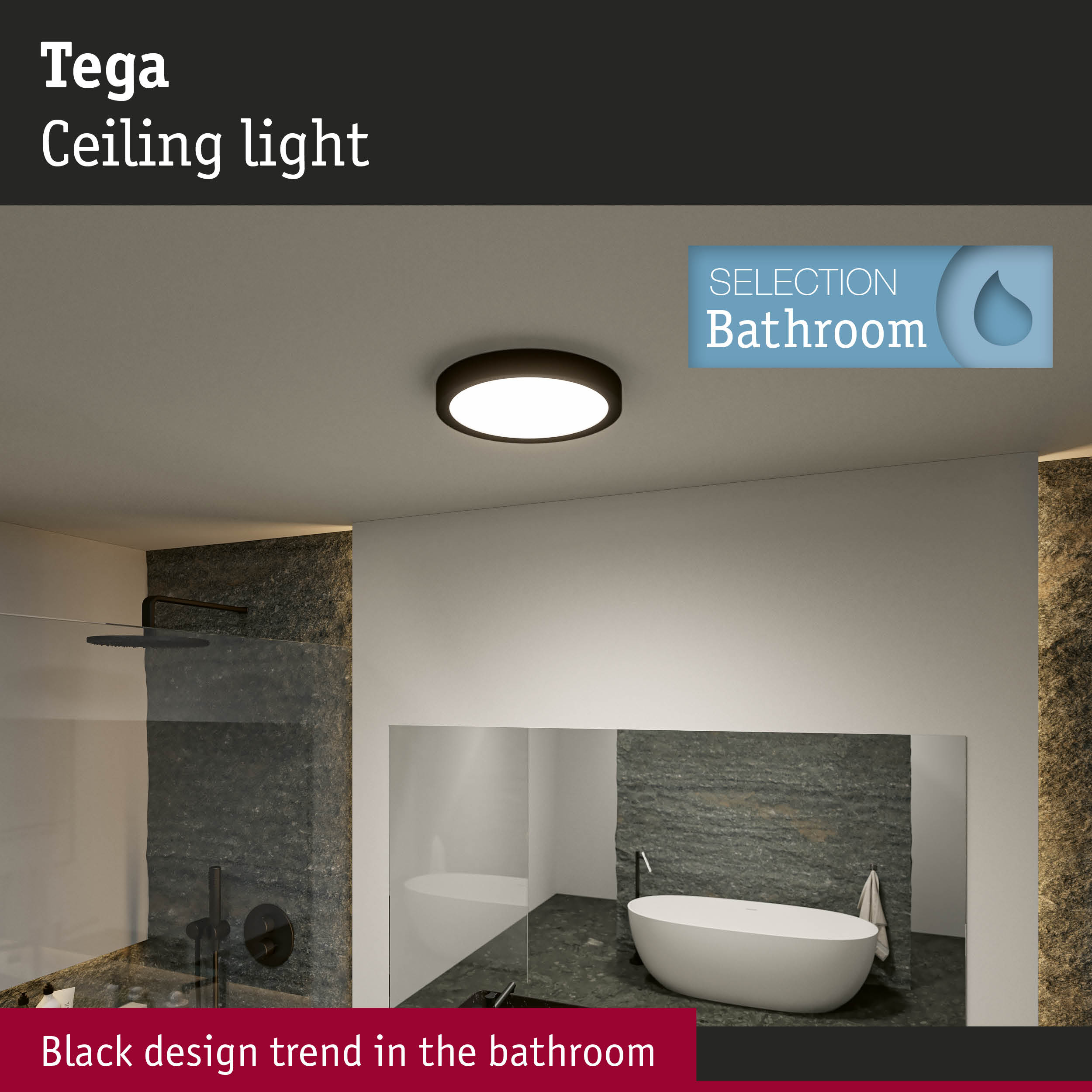 Tega black round ceiling light for bathroom with modern design and LED illumination